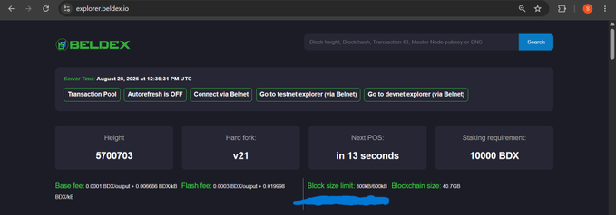 Screenshot of the beldex.io block explorer dashboard showing block height 5700703, hard fork v21, next POS in 13 seconds, staking requirement 10000 BDX, and a block size limit of 200M/400KiB.
