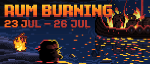 A pixel art graphic advertising an event called "RUM BURNING" from 23 JUL - 26 JUL, depicting a burning ship and flames in a retro video game style.