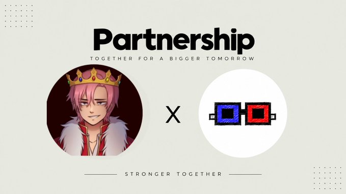 A partnership graphic titled 'Partnership - Together for a Bigger Tomorrow' featuring an anime character with pink hair and a crown next to a red and blue glasses logo, with the tagline 'Stronger Together'.