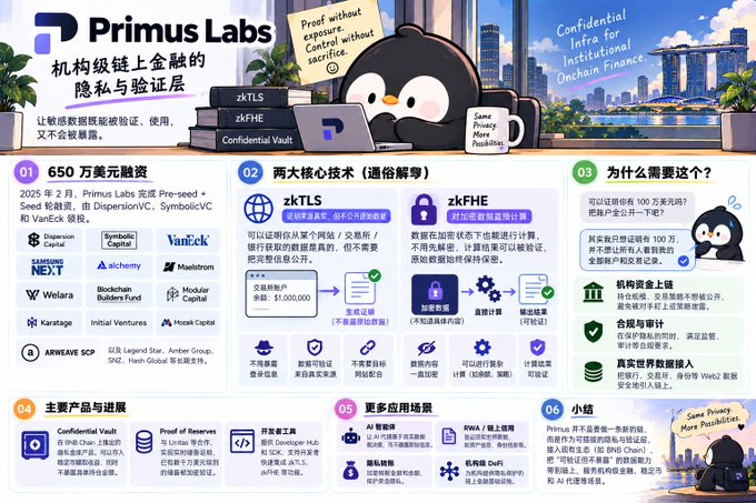 A Chinese promotional infographic for “Primus Labs” describes institutional blockchain privacy and verification infrastructure, including zkTLS and zkFHE, a $6.5M pre-seed plus seed round, confidential computing, zero-knowledge proofs, DeFi, RWA, and oracle use cases.