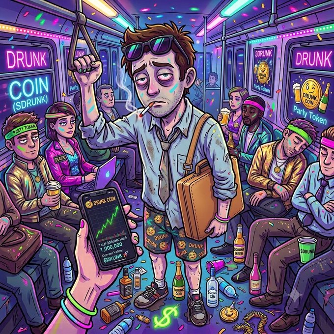 A vibrant cartoon scene inside a subway car filled with partygoers wearing "PARTY TOKEN" headbands, holding drinks, and surrounded by bottles and confetti, with a central tired-looking man in sunglasses and a tie checking a phone displaying "DRUNK COIN ($DRUNK)"; signs read "DRUNK COIN ($DRUNK)" and "Party Token."