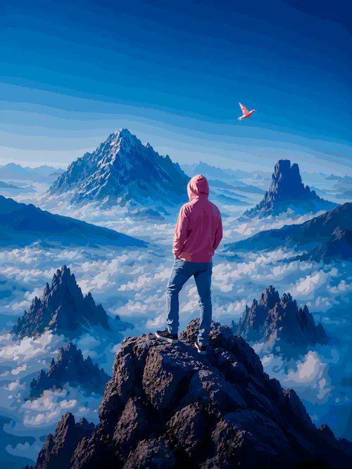 A digital artwork showing a person in a pink hoodie and jeans standing on a rocky mountain peak, looking out over a sea of clouds with snow-capped peaks and a bird flying in the blue sky.