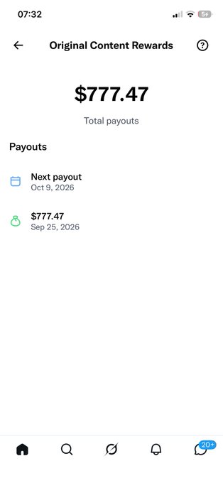 A screenshot of an "Original Content Rewards" page shows total payouts of $777.47, with the first payout of $777.47 dated Sep 25, 2026, and a next payout scheduled for Oct 9, 2026. The image directly confirms the post's mention of the creator's first earnings payout amounting to $777.