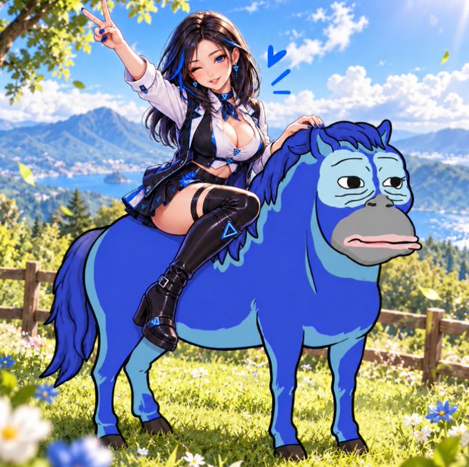 An anime-style illustration depicting a smiling young woman with dark hair in a blue and white outfit riding a blue horse, posing with a peace sign in a sunny, flower-filled meadow.