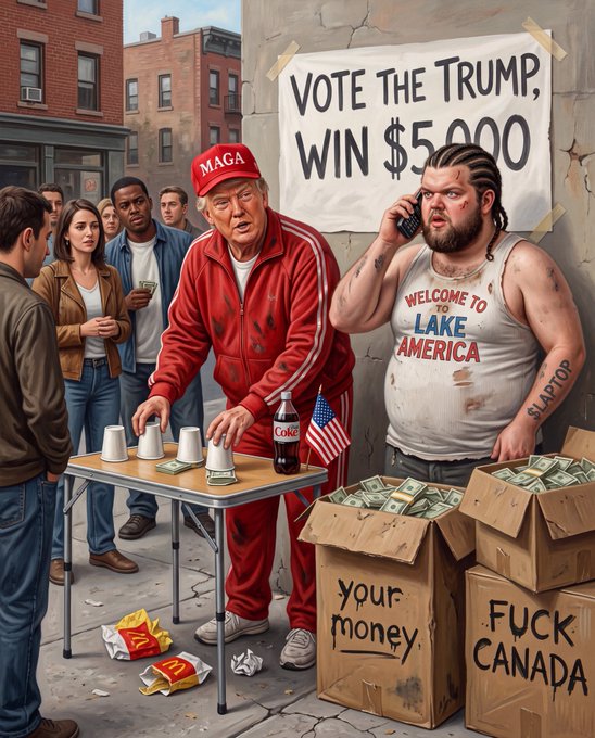 An illustrated scene depicts a man in a red "MAGA" hat and tracksuit operating a shell game at a folding table with cups and cash, beside a banner reading "VOTE THE TRUMP, WIN $5000," while a man in a "Welcome to Lake America" tank top talks on a phone next to boxes labeled "your money" and "FUCK CANADA"—satirizing Trump's promised $5,000 payouts as a rigged street hustle.