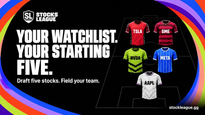 A 'Stocks League' advertisement promoting 'Your Watchlist. Your Starting Five' featuring stock ticker jerseys for TSLA, GME, NVDA, META, and AAPL arranged in a soccer formation.