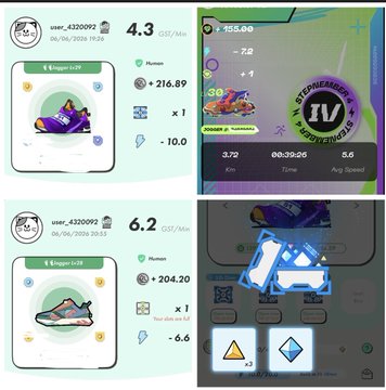 The image contains a comparison of two video game screenshots, each displaying different scenarios from the same game. The bottom half of the screenshot shows one foot stepping forward with the other foot extended, while the top half depicts the opposite action. Both game images include various characters and elements from the gameplay experience, such as a blue diamond symbolizing a step or jump. Additionally, there are numbers present within the game settings which could potentially indicate in-game statistics or achievements. The post also includes relevant terms like "stepn", "stepngo", and "heal3".