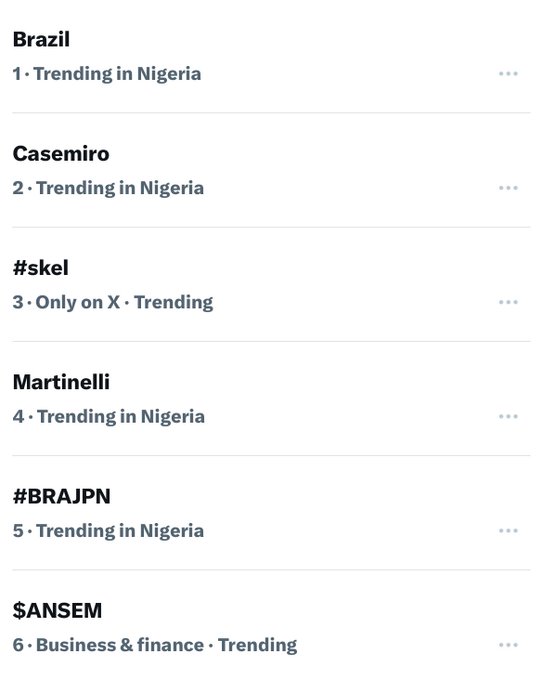 A list of X trending topics in Nigeria: Brazil, Casemiro, #skel, Martinelli, #BRAJPN, and $ANSEM (Business & finance trending).