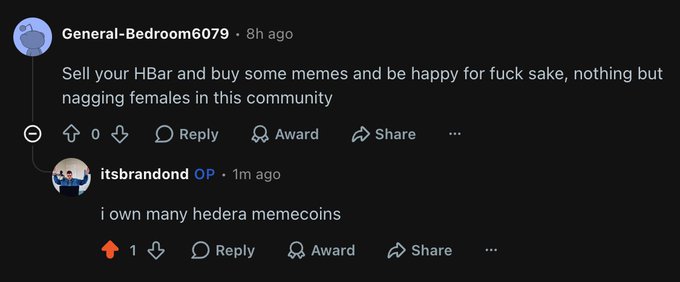 Reddit comment thread showing a user 'General-Bedroom6079' complaining 'Sell your HBar and buy some memes and be happy for fuck sake, nothing but nagging females in this community,' replied to by OP 'itsbrandond' with 'i own many hedera memecoins.'