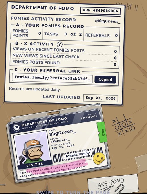 An illustrated 'Department of FOMO' activity record page for user BkgGreen_ showing zero points and tasks, alongside their visitor ID badge dated Sep 24, 2026.