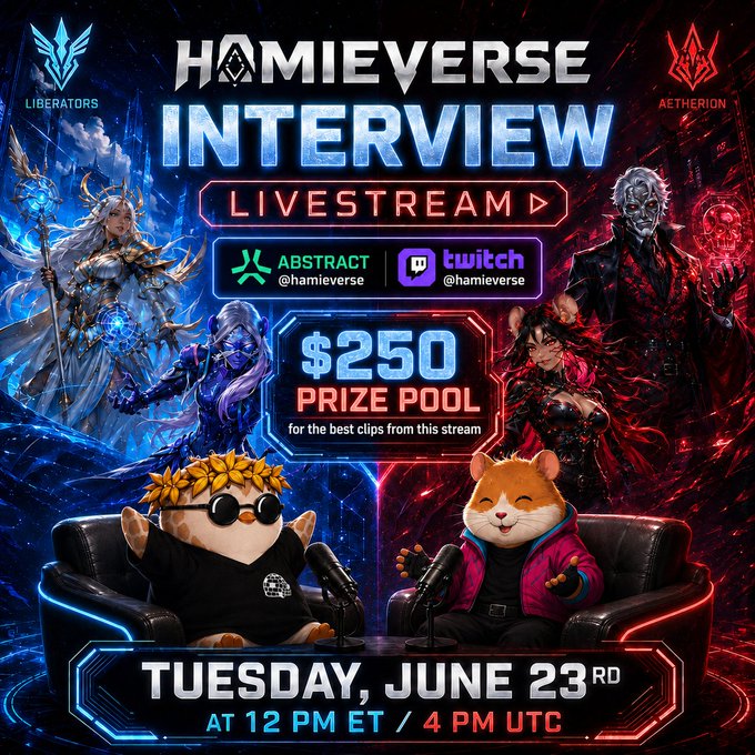 A promotional graphic for the "Homieverse Interview" livestream on Tuesday, June 23rd at 12 PM ET / 4 PM UTC, featuring a $250 prize pool for the best clips, with two hamster characters sitting in chairs between Liberators and Aetherion game artwork, while the accompanying post announces the winners of those top clips from a prior stream.