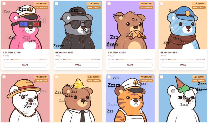A grid of eight cartoon bear NFT collectibles labeled 'BEARISH' with various costumes and traits, showing multipliers like '7.0x $BURR' and rarity percentages.