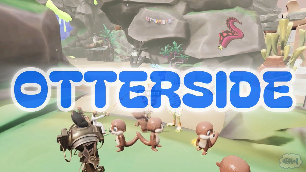 A screenshot from the video game Otterside showing cartoon characters, otters, and a large blue "OTTERSIDE" logo overlay in a vibrant, rocky environment.
