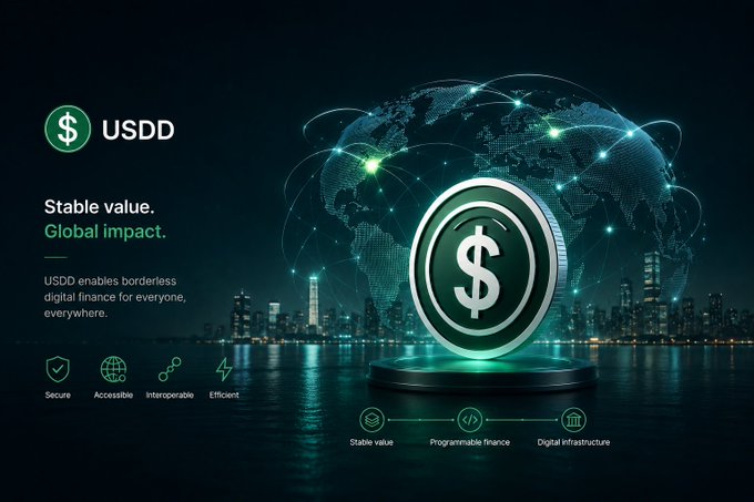 A promotional graphic for USDD cryptocurrency displays 'Stable value. Global impact.' with a large coin featuring a dollar sign, against a world map and city skyline backdrop.