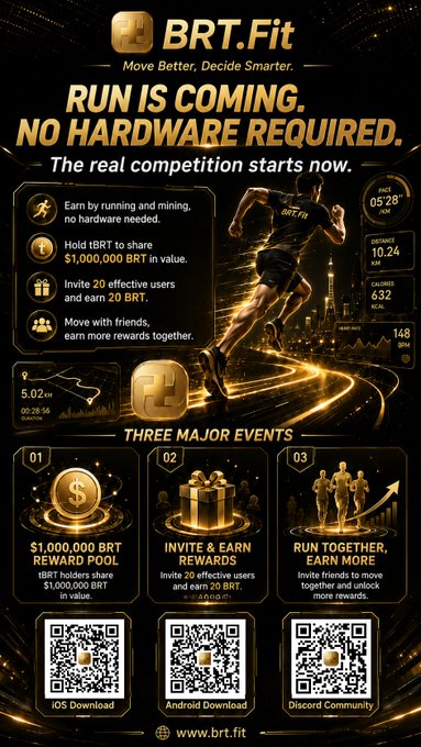 The image is a promotional poster for BRT.Fit's "Run Mining" campaign, featuring the headline "RUN IS COMING. NO HARDWARE REQUIRED." alongside fitness stats (pace 05'28"/km, distance 10.24 km, 632 calories, 148 BPM) and three major event details: a $1,000,000 BRT reward pool, invite & earn rewards, and run together rewards. The poster includes QR codes for iOS, Android, and Discord downloads, with the URL www.brt.fit, complementing the post's message that while running without hardware is possible, connecting smart hardware unlocks a higher multiplier for maximum mining rewards.
