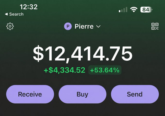 The image shows a computer screen displaying an interface related to trading or buying cryptocurrencies, specifically for the cryptocurrency called Bitcoin (also known as "Litecoin") at $12,4,412.73. A person's name appears on the screen, Pierre. The context suggests that someone is selling or exchanging Bitcoins and has just received payment of $12,4,412.73. The post is about trading Bitcoin in exchange for another cryptocurrency or token, with a description of what was done during last week.