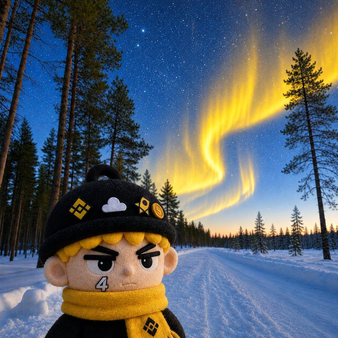 A plush toy character with yellow hair and a number '4' on its cheek stands in a snowy forest landscape under a starry sky with vibrant green and yellow aurora borealis.