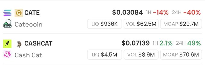 A cryptocurrency price comparison shows CATE (Catecoin) trading at $0.03084 with significant 24H declines of -40%, while CASHCAT (Cash Cat) trades higher at $0.07139 with a 49% 24H gain and a market cap of $70.6M versus CATE's $29.7M, supporting the post's claim that CATE is unlikely to flip CASHCAT again given its weaker market position and downward momentum.
