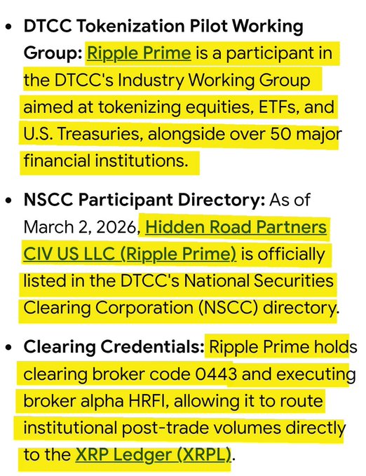 The image shows a document with yellow text, likely an article or report about Ripple Prime Participants. The main focus of the image is the title "DTCC Ripple Prime Participant Directory" written in yellow at the top. This suggests that the image might be related to the DTCC Ripple Prime Program and its participants.