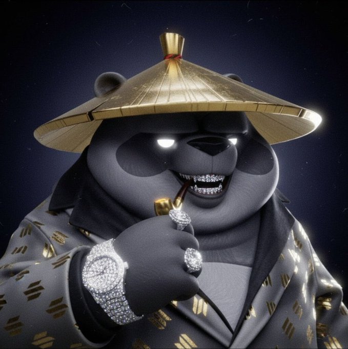 A panda character wearing a golden Asian-style hat and adorned with diamond-encrusted grills, jewelry, and a robe featuring dollar signs—visual symbols of crypto wealth—poses confidently while the accompanying message promotes Solana ("going to trillions") with a cheerful "GM and Namaste" greeting to the crypto community.