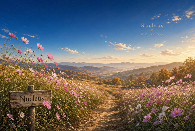 A scenic landscape illustration featuring a field of pink and white cosmos flowers with a wooden 'Nucleus' sign, overlooking distant mountains at sunset with 'Nucleus' text overlay.