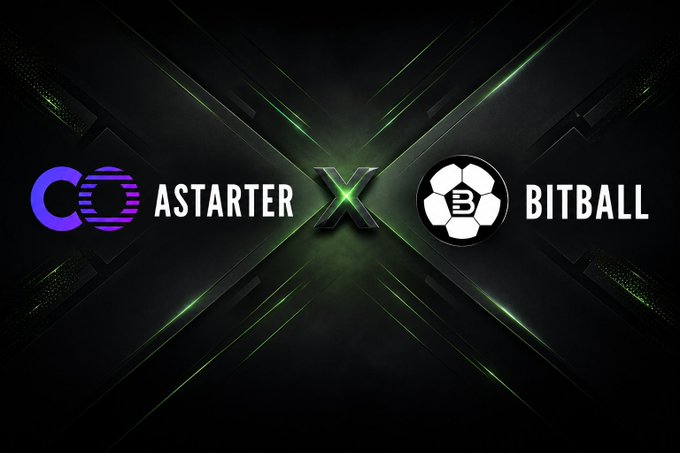 A promotional graphic announces a partnership between Astarter and BitBall, featuring their respective logos—the Astarter "C" emblem and the BitBall soccer-ball-style "B" icon—flanking a glowing green "X" against a dark, futuristic background, visually reinforcing the collaboration highlighted in the post.