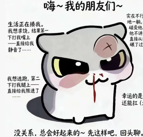 A cartoon cat with a bloody nose and X eyes sits surrounded by Chinese text expressing frustration about life knocking it down, with a caption saying 'It'll be okay~ let's leave it at this for now.'