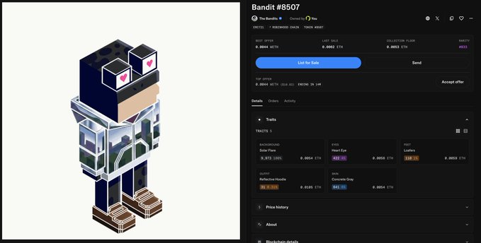 An NFT listing on OpenSea for 'Bandit #8507' by The Bandits, showing a pixelated voxel character and traits including Solowire, HeadType, Feet, Outfit, and Body.