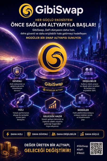 A Turkish promotional poster for GibiSwap, a modular DeFi swap infrastructure, highlighting features like security, accessibility, speed, and modularity against a futuristic city backdrop.