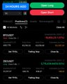 A mobile app screenshot showing financial/cryptocurrency holdings with red and green buttons, displaying BTC/UST and ZEN/BTC trading pairs with various balances.