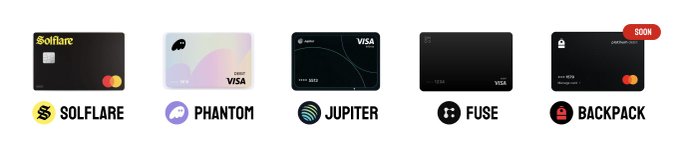 A lineup of five branded debit cards from Solana wallet providers—Solflare, Phantom, Jupiter, Fuse, and Backpack (marked "soon")—illustrating how users can convert USDC into real-world spending with each wallet's card offering.