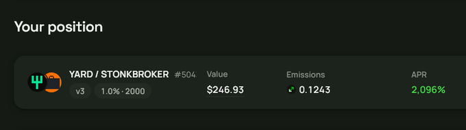 A dark-themed dashboard showing "Your position" for YARD / STONKBROKER #504 with a value of $246.93, emissions of 0.1243, and an APR of 2.096% in green text.