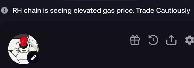 A dark notification bar with an alert icon reading 'RH chain is seeing elevated gas price. Trade Cautiously' above a profile avatar of a cartoon character in a red cap and various UI icons (gift, history, upload, settings).