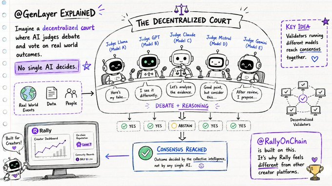 A hand-drawn infographic titled "@GenLayer EXPLAINED" depicting "The Decentralized Court," where five AI judges—Llama, GPT, Claude, Mistral, and Gemini—debate and vote on real-world outcomes to reach consensus via decentralized validators. The image visually breaks down how GenLayer and @RallyOnChain operate as a multi-model AI consensus system where no single AI controls decisions, matching the post's explanation of validators using different AI models to collectively determine outcomes.