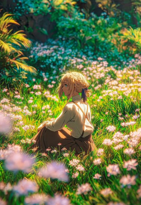 The image features a girl sitting in a field of flowers, wearing a dress and a bow in her hair. The background consists of green trees and bushes, creating a serene atmosphere for the scene. The caption above the image reads "Good morning everyone Taking things slow this morning and catching up on a few updates Will probably spend some time around @NomismaNetwork today Wishing everyone a productive day ahead @useTria".