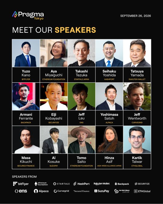 A 'Meet Our Speakers' promotional graphic for Pragma Tokyo (September 26, 2026), featuring headshots and names of 15 speakers from companies including bitFlyer, Ethereum Foundation, Startale Japan, HashPort, Rakuten Wallet, Backpack, Securitize, ENS, Alpaca, Curvegrid, Secured Finance, and ETHGlobal.