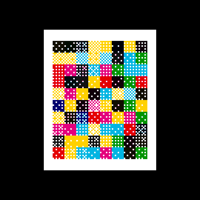 Abstract pixel art composition featuring a colorful grid of checkerboard-patterned squares in red, yellow, blue, green, pink, black, and white on a black background.