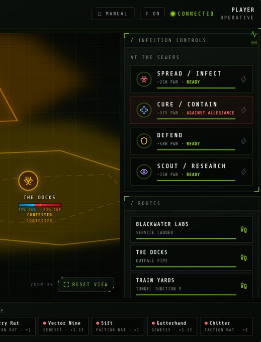 A video game interface showing 'INFECTION CONTROLS' for the Sewers faction with options like Spread/Infect and Cure/Contain, alongside a map of 'THE DOCKS' showing 63% contagion and a list of rat operatives.