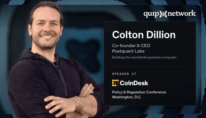 A promotional graphic for Colton Dillion, Co-founder & CEO of Postquant Labs, who is a speaker at the CoinDesk Policy & Regulation Conference in Washington, D.C.