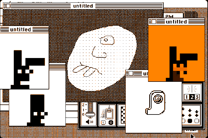 A retro-style computer desktop interface featuring multiple overlapping windows with the title 'untitled' and 'PM' headers, displaying pixelated faces, drawings, and tool icons in a brown and orange color scheme.