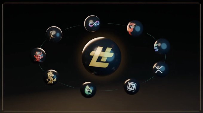 A dark, stylized promotional graphic features a central golden LTC (Litecoin) logo surrounded by a circular arrangement of smaller spheres containing various cryptocurrency symbols.