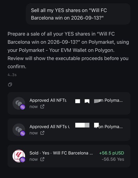 A screenshot of an AI assistant transaction showing the sale of YES shares for 'Will FC Barcelona win on 2026-09-13?' on Polymarket, resulting in a gain of +56.5 pUSD.