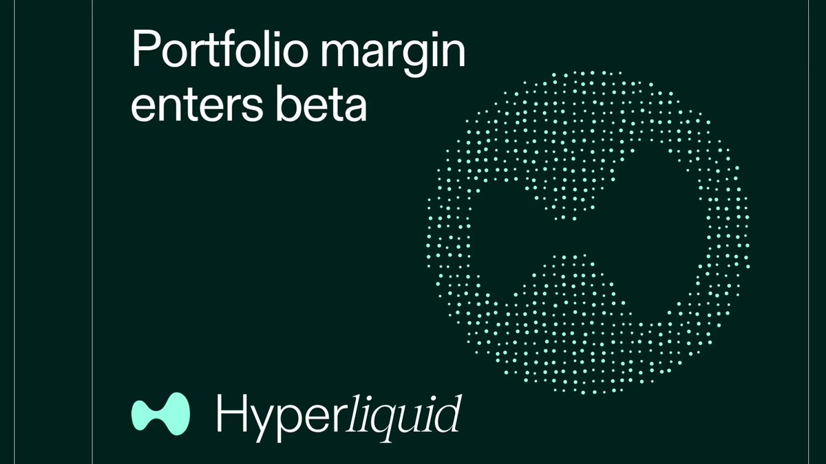 The image shows a green sign with white dots that says "Portfolio Margin enters beta" written in white text against a black background. It appears to be an advertisement or promotional piece for Hyper Liquid, as suggested by the use of hyphenation for words such as "portfolio", "margin", and "beta". The focus of the image is on the sign itself rather than any specific details related to the product.