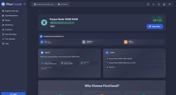 A screenshot of the FluxCloud website displays a marketplace listing for "Kapsa Node 16GB RAM" priced at $27.20, showing minimum requirements of vCPU/vCores, RAM, and SSD, along with links and an "About" section.