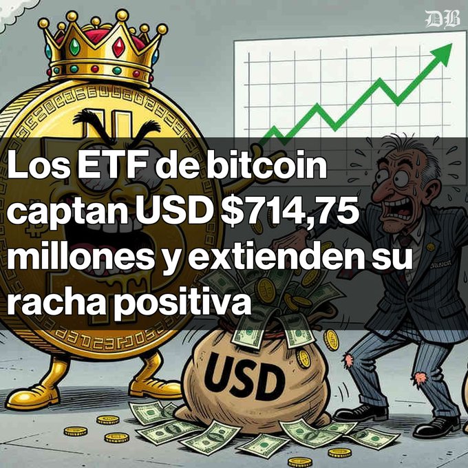 A satirical cartoon illustration about Bitcoin ETFs captioned in Spanish 'Los ETF de bitcoin captan USD $714,75 millones y extienden su racha positiva,' showing a crowned Bitcoin character with a money bag labeled 'USD' and a sweating financier beside an upward chart.