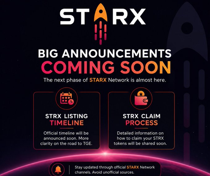 A promotional graphic for 'STARX' announcing 'BIG ANNOUNCEMENTS COMING SOON' with sections for 'STRX LISTING TIMELINE' and 'STRX CLAIM PROCESS' on a dark space-themed background.