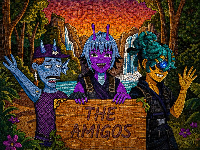 A mosaic-style illustration of three cartoon characters holding a wooden sign that reads "THE AMIGOS", set against a vibrant forest and waterfall backdrop with a colorful sunset sky.