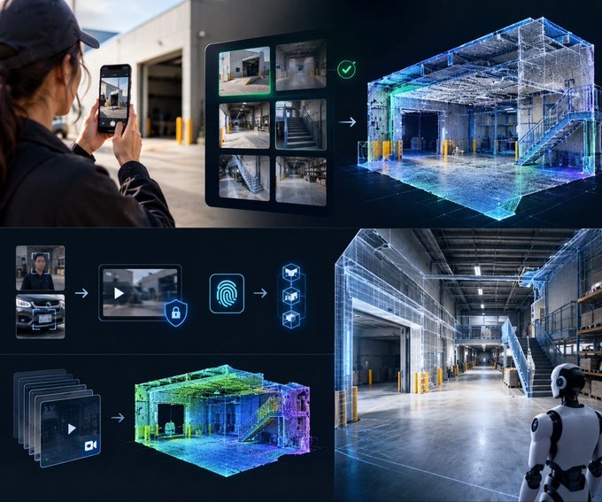 A collage showing a person taking photos with a smartphone, a 3D point cloud scan of a warehouse, security icons, and a humanoid robot examining the digital environment.
