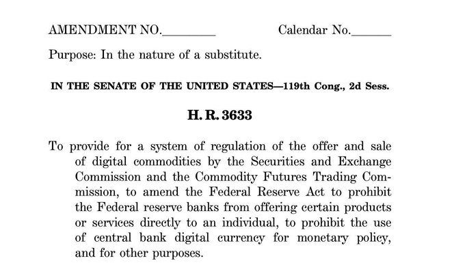 An amendment document for H.R. 3633 in the U.S. Senate (119th Cong., 2d Sess.) to regulate digital commodities and amend the Federal Reserve Act.