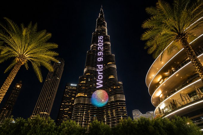 A nighttime photograph of the Burj Khalifa in Dubai displaying 'World 9.9.2026' illuminated on its facade, framed by illuminated palm trees.